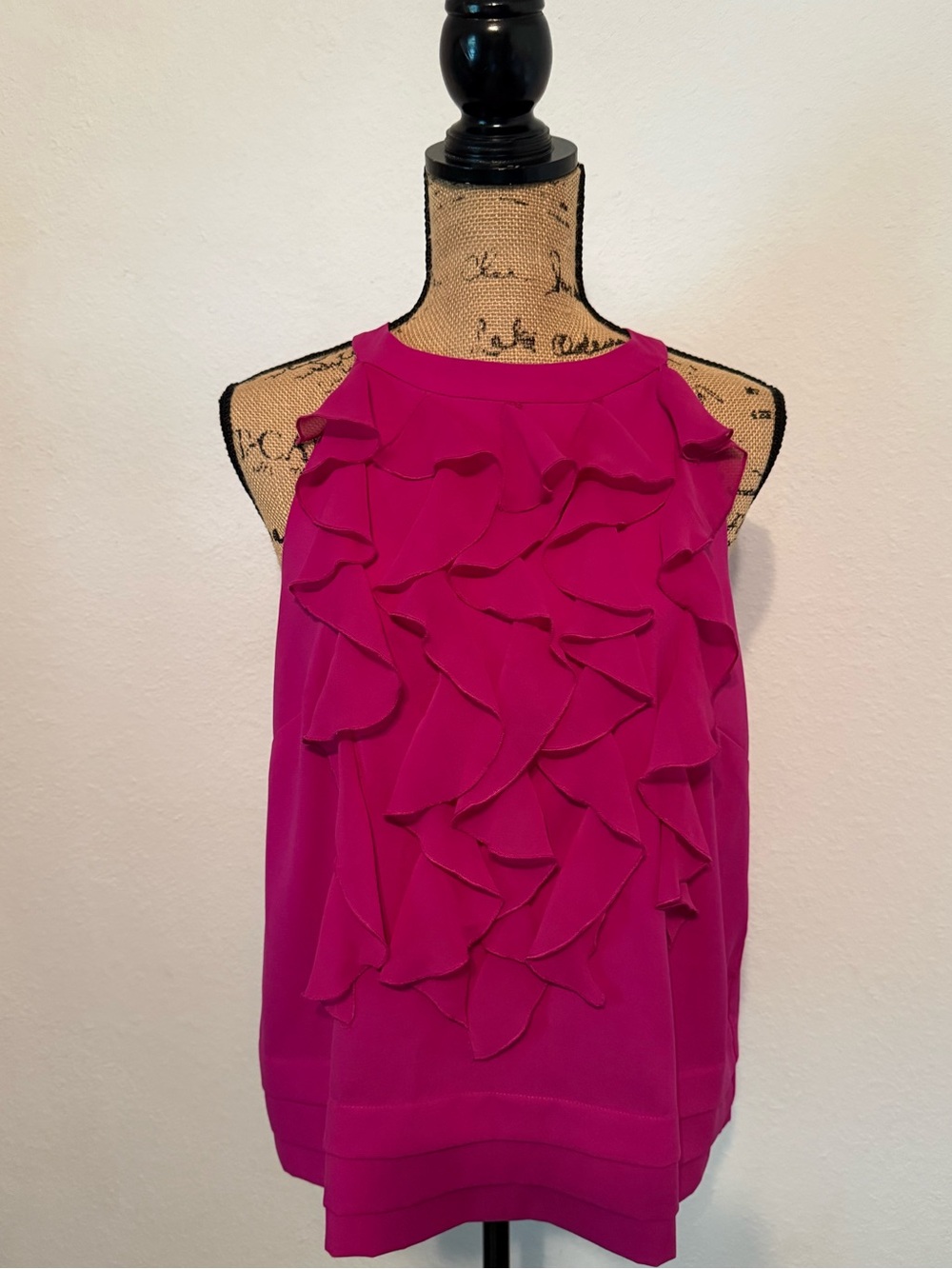 ECI fuchsia sleeveless top with cascading waterfall ruffles size 10